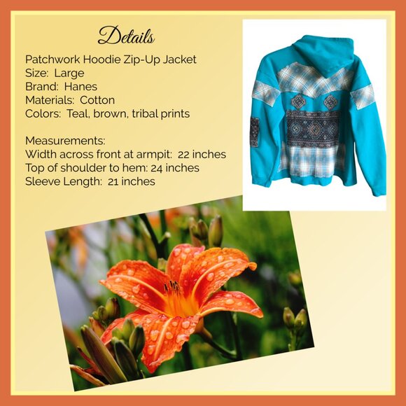 Upcycled Patchwork Jacket, Size L: Teal Tribal Zip-Up Hoodie, Southwest Aztec - Picture 3 of 16